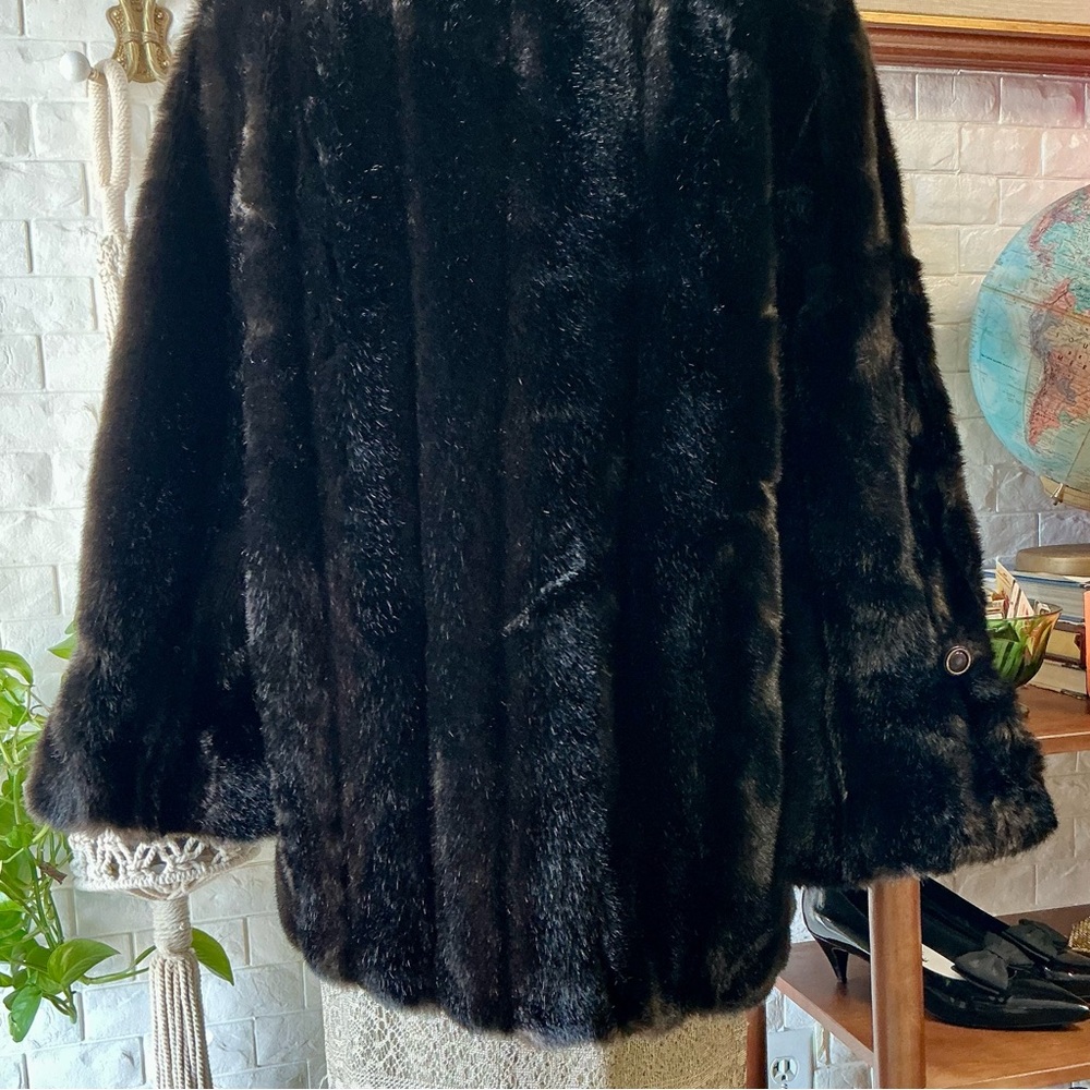Vintage 50s 60s Chocolate Brown Faux Fur Coat Ornate Buttons + Leather Waist Tie - Picture 9 of 13